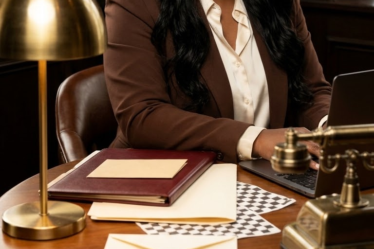 Black woman in brown business suit designing a shopify website on laptop at luxury wooden desk