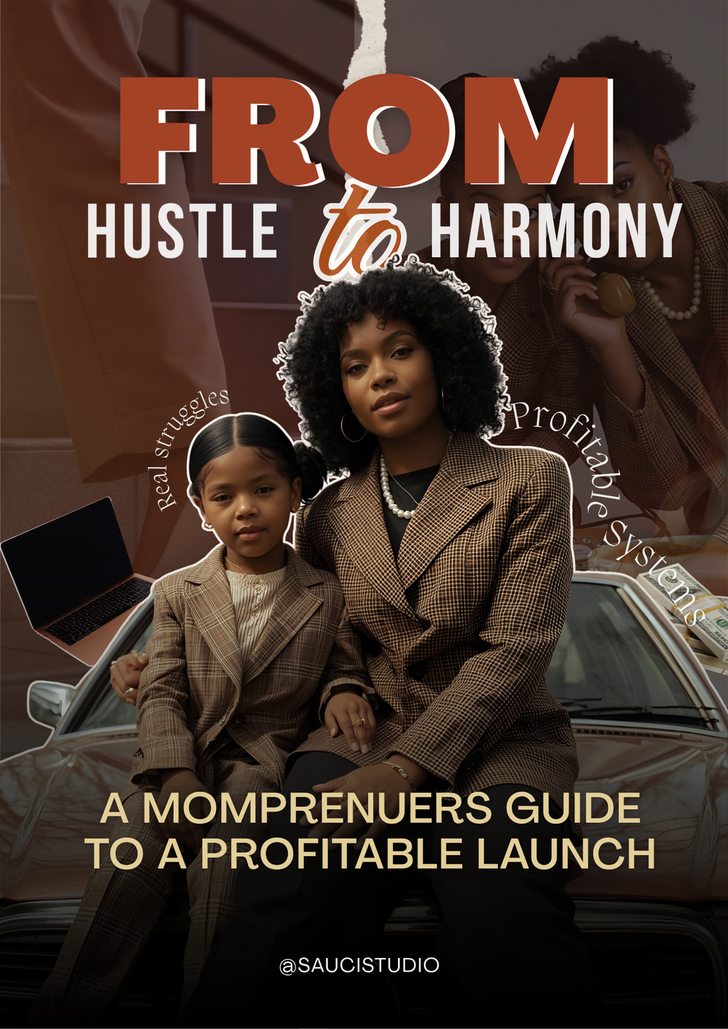Book cover titled 'From Hustle to Harmony' with two women and a child in front of a car.