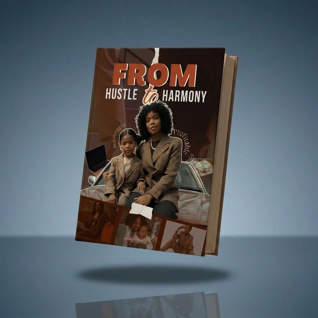 Book titled 'From Hustle to Harmony' with images of a woman and child on the cover against a blue gradient background.