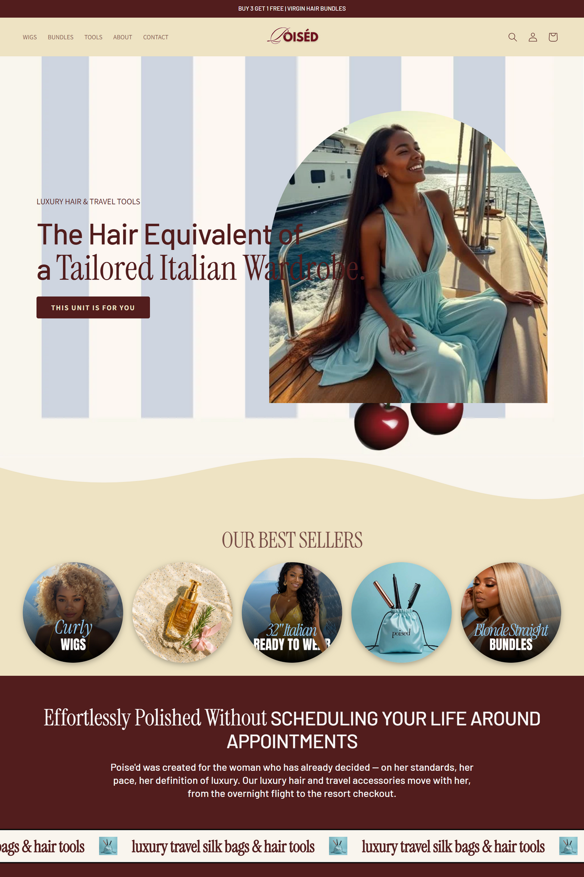 A very tall screenshot of a website homepage for a hair brand, showing multiple banner sections, text blocks, and product photos on a burgundy and white layout.